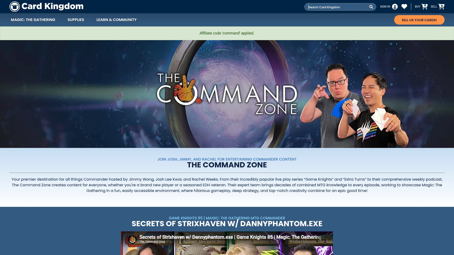 Card Kingdom sponsor landing page advertised on The Command Zone