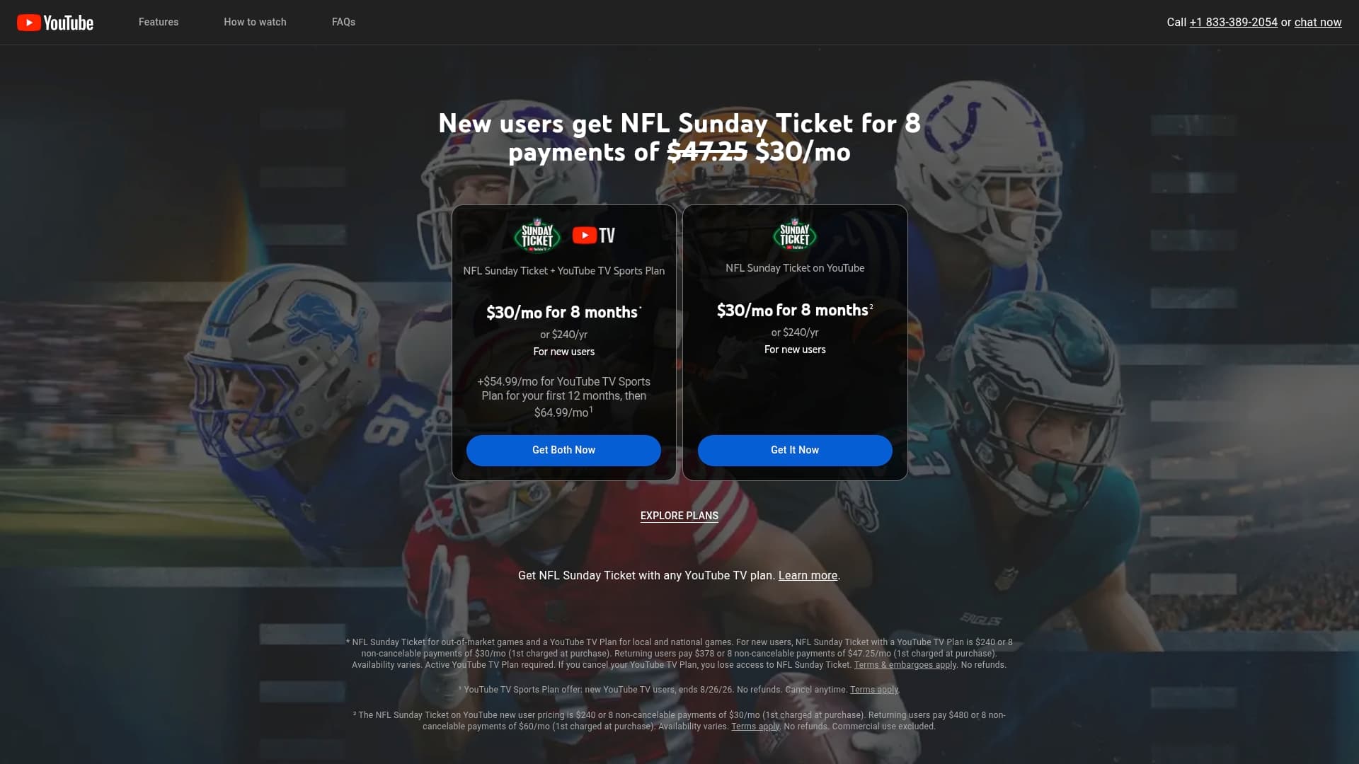 YouTube TV / NFL Sunday Ticket sponsor landing page advertised on The Yak