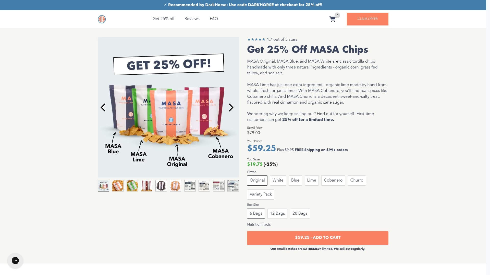 Masa Chips sponsor landing page advertised on DarkHorse Podcast