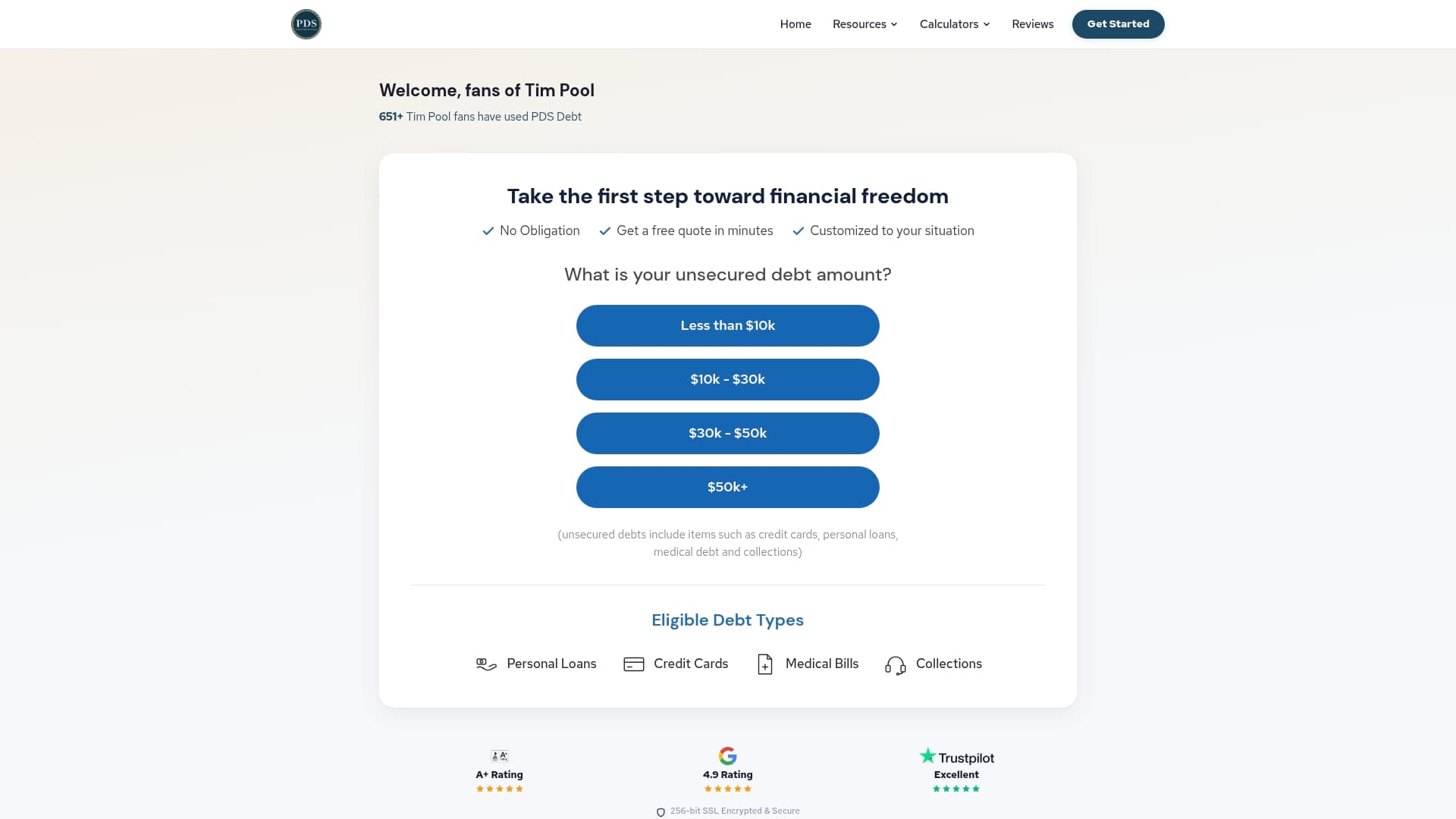 PDS Debt sponsor landing page advertised on Timcast IRL
