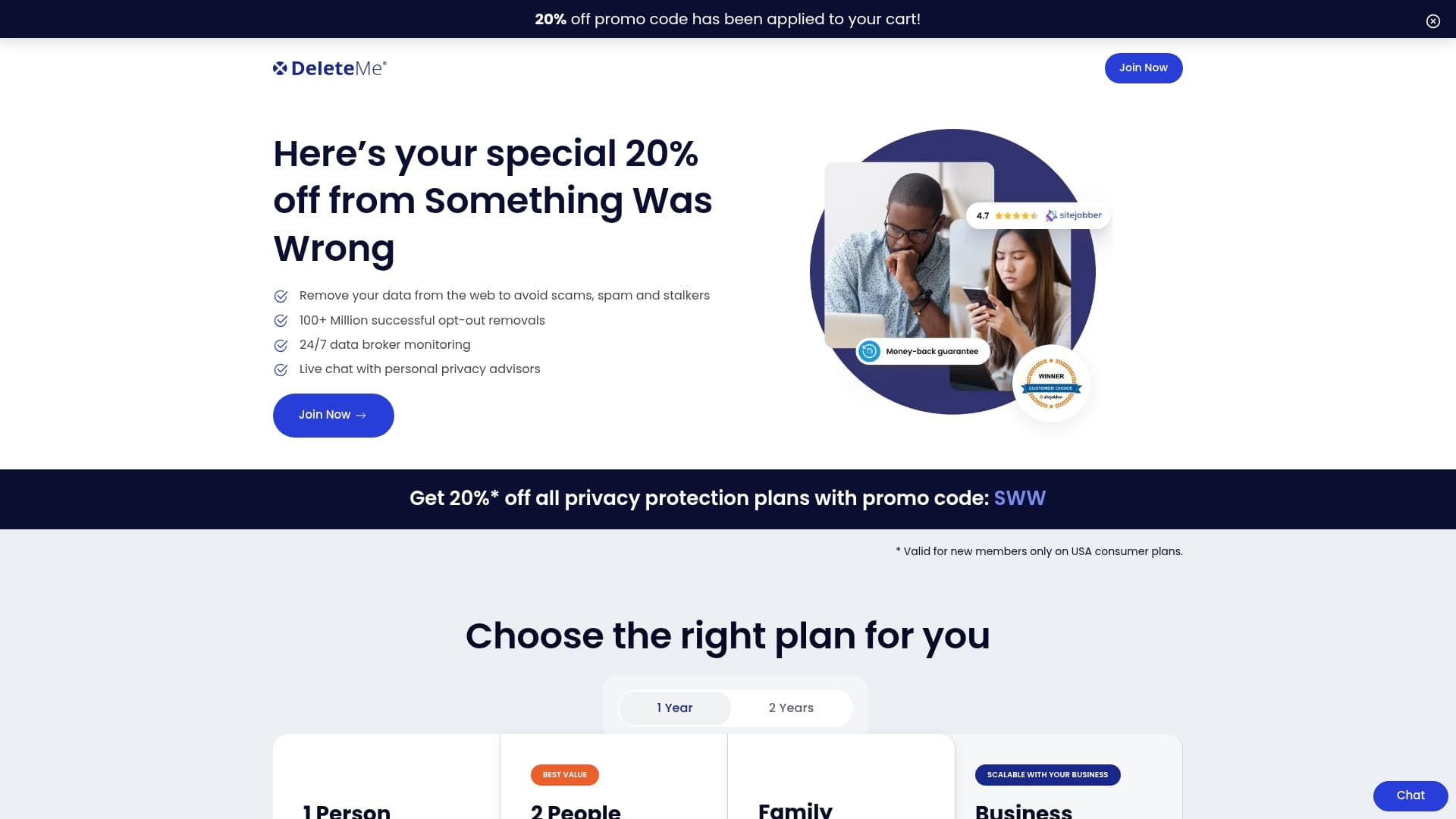 DeleteMe sponsor landing page advertised on Something Was Wrong
