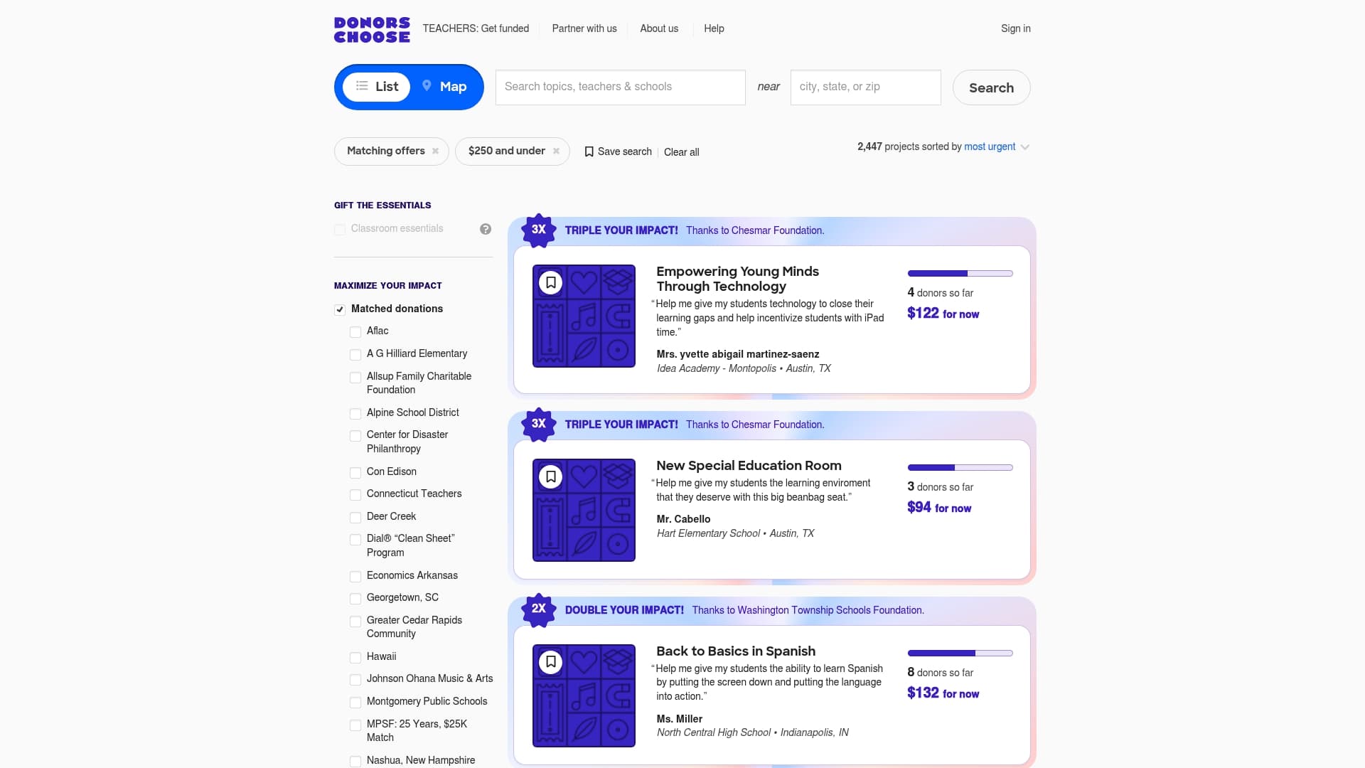 DonorsChoose sponsor landing page advertised on Fresh Air