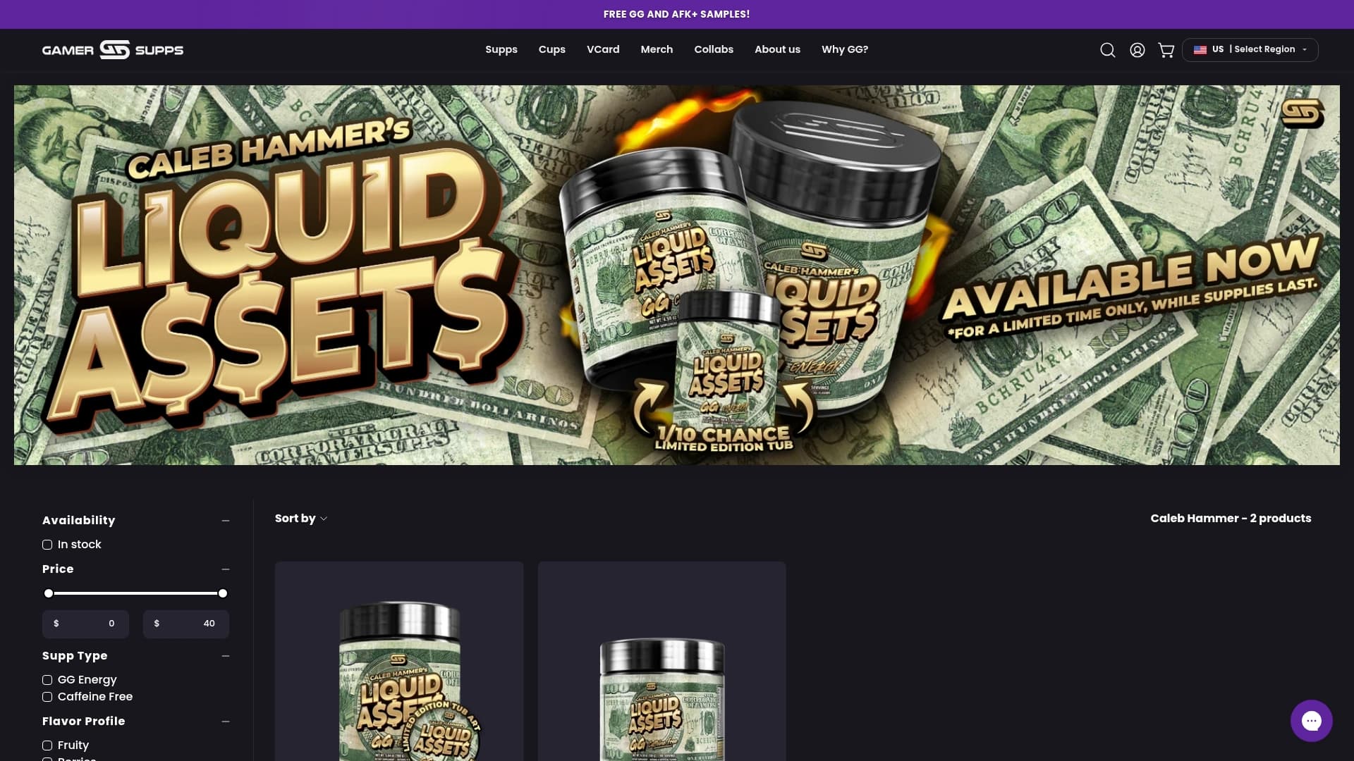 GamerSupps sponsor landing page advertised on Financial Audit with Caleb Hammer
