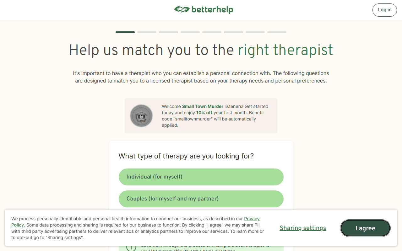 BetterHelp sponsor landing page advertised on Small Town Murder