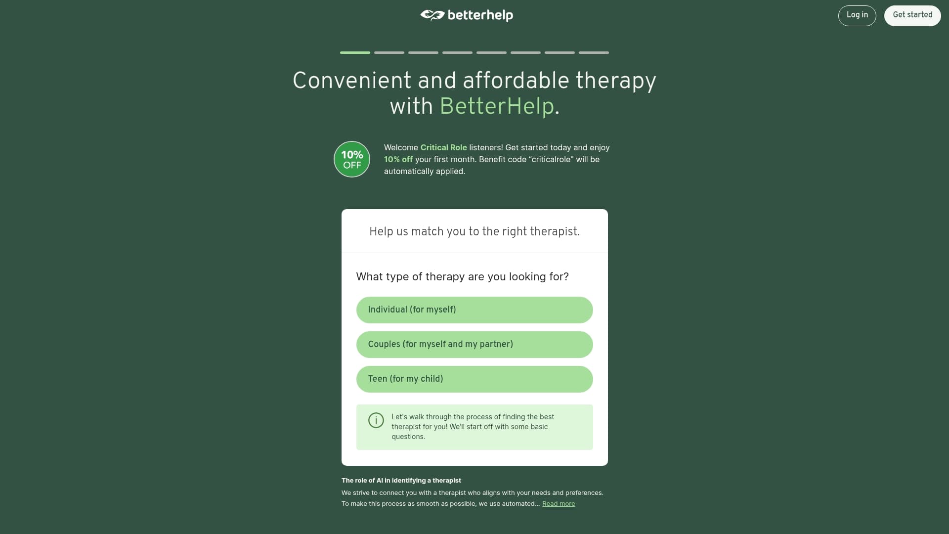 BetterHelp sponsor landing page advertised on Critical Role