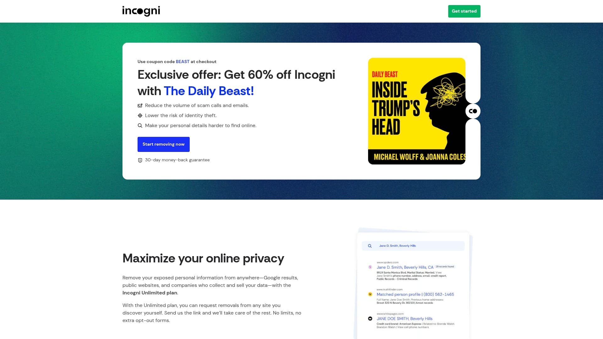 Incogni sponsor landing page advertised on The New Abnormal