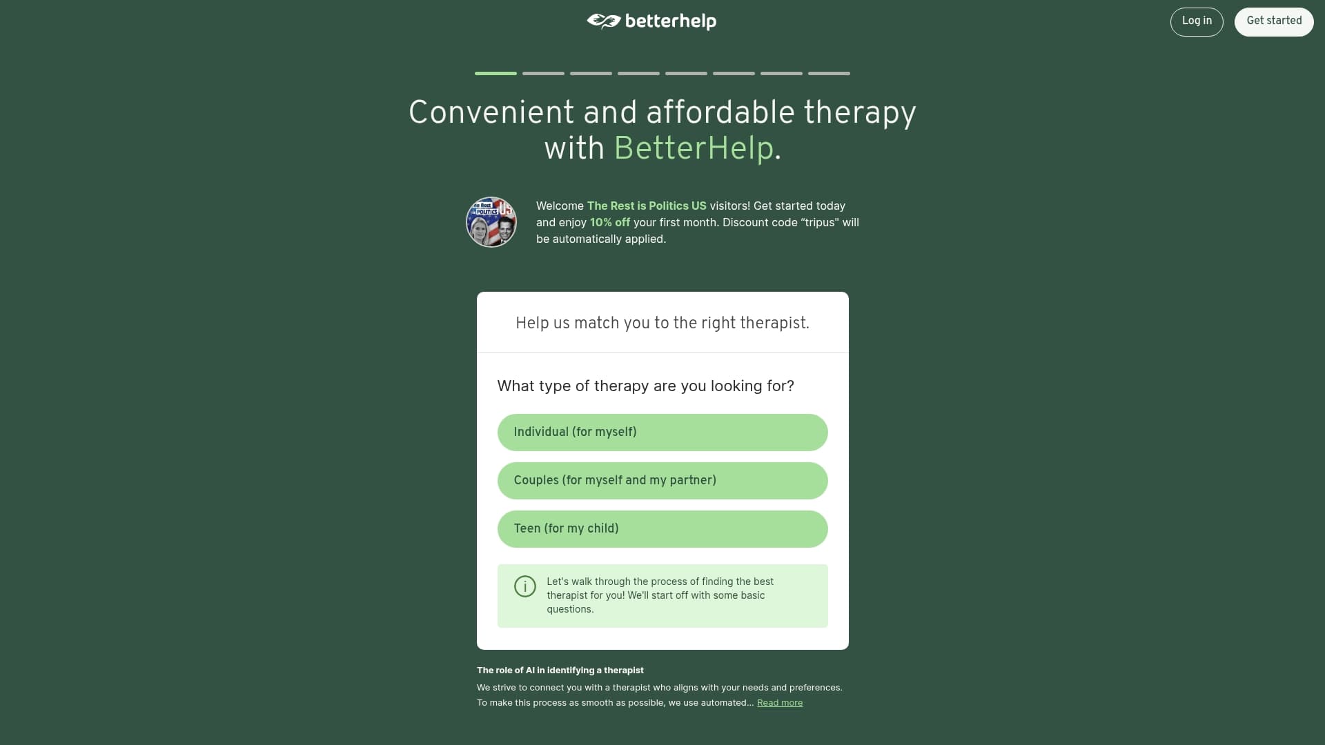 BetterHelp sponsor landing page advertised on The Rest Is Politics: US
