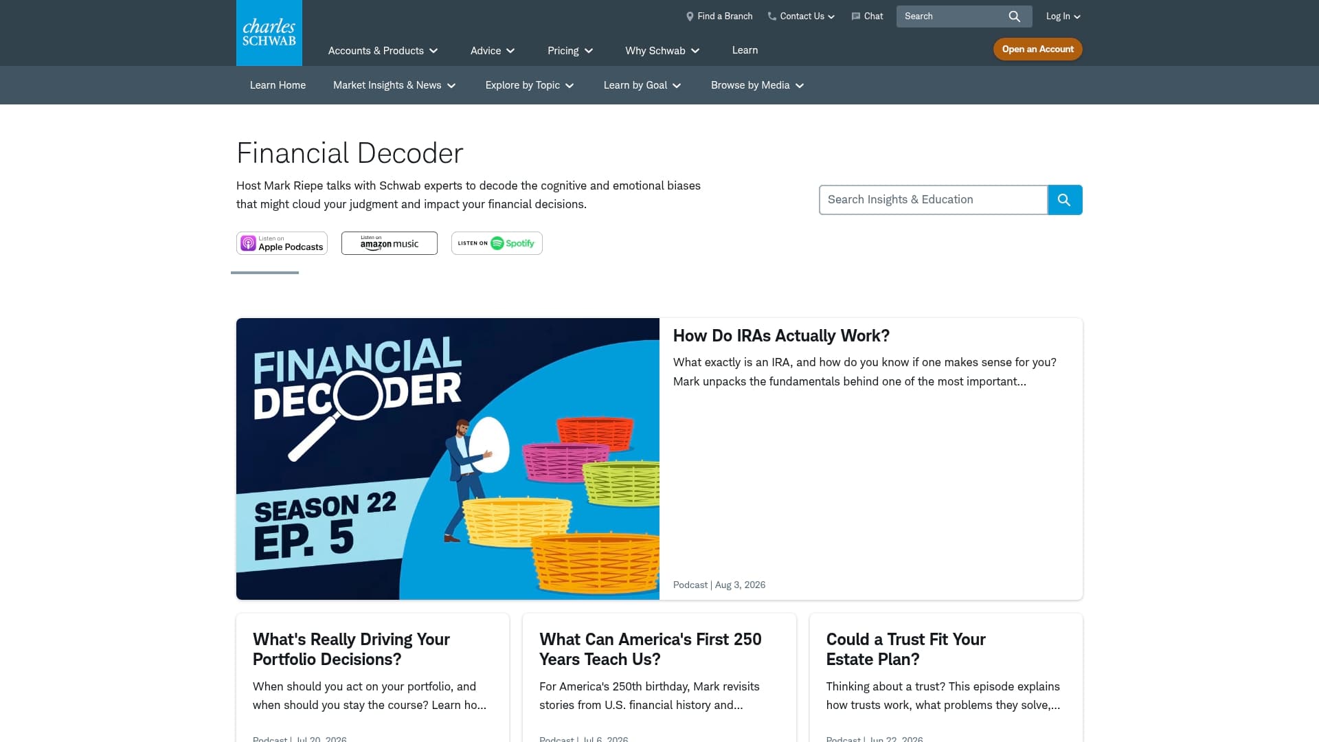 Charles Schwab sponsor landing page advertised on Freakonomics Radio