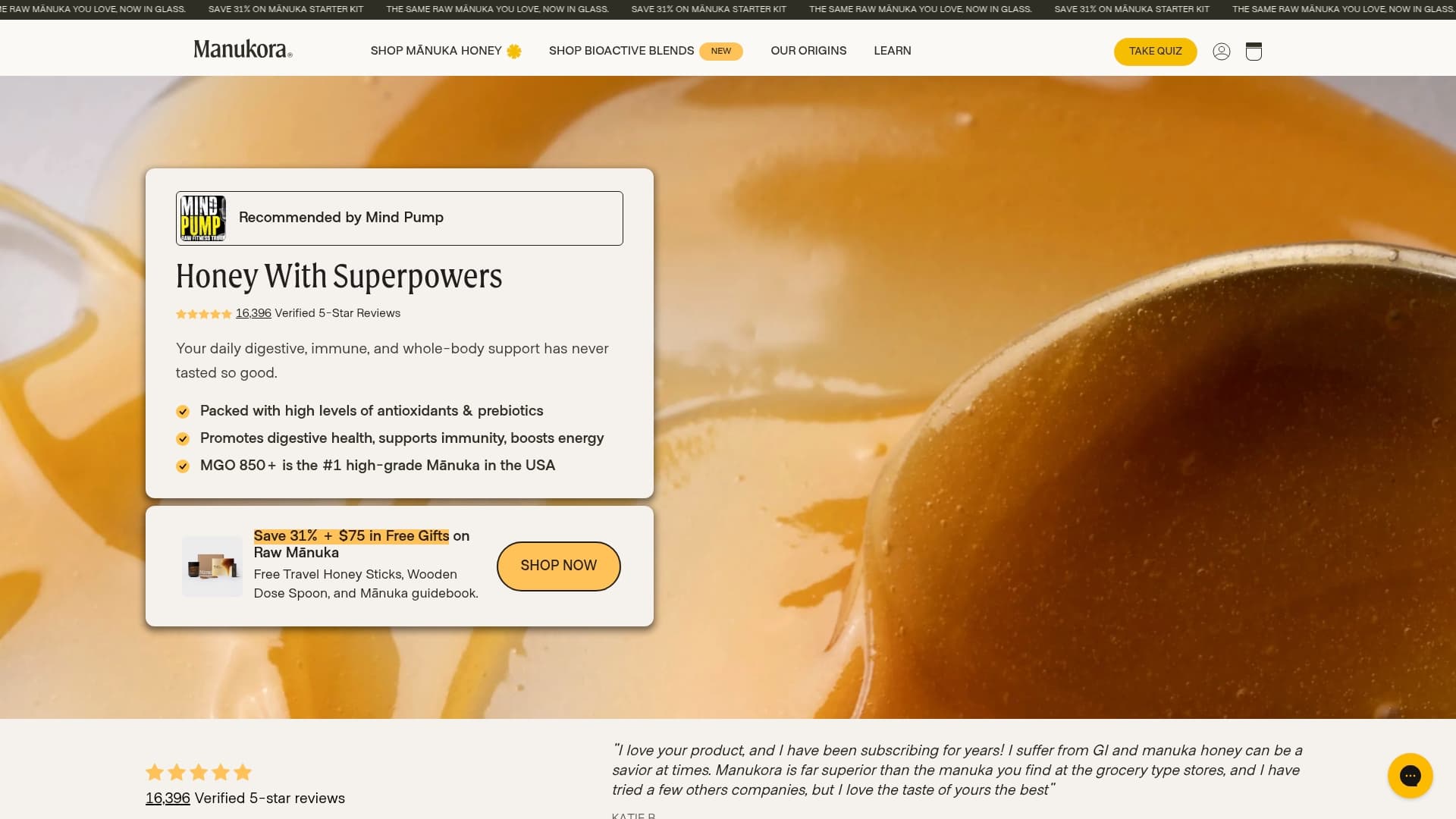 Manukora sponsor landing page advertised on Mind Pump: Raw Fitness Truth