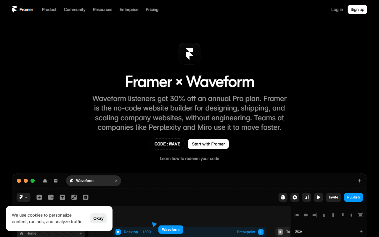 Framer sponsor landing page advertised on Waveform: The MKBHD Podcast