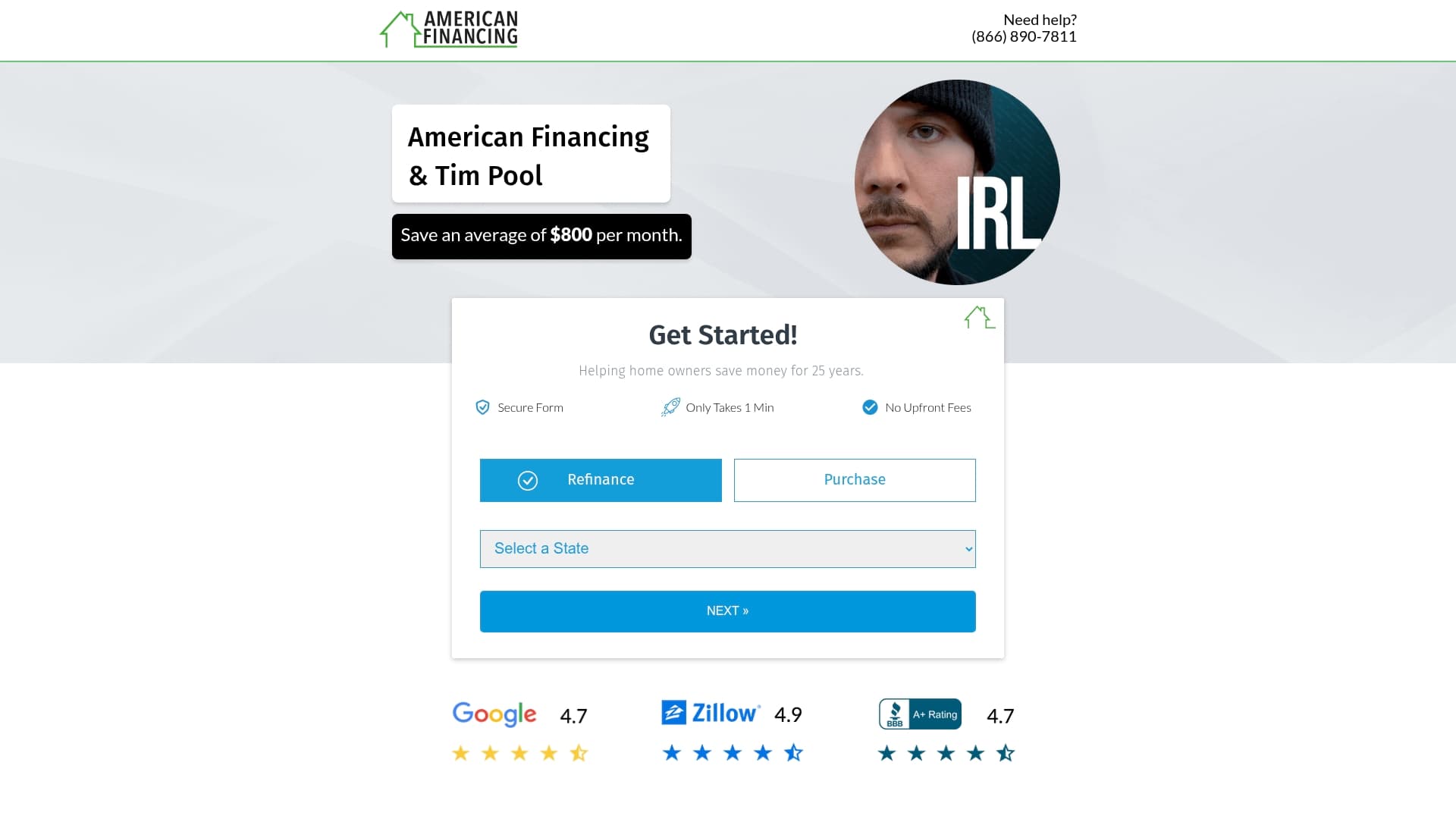 American Financing sponsor landing page advertised on Timcast IRL