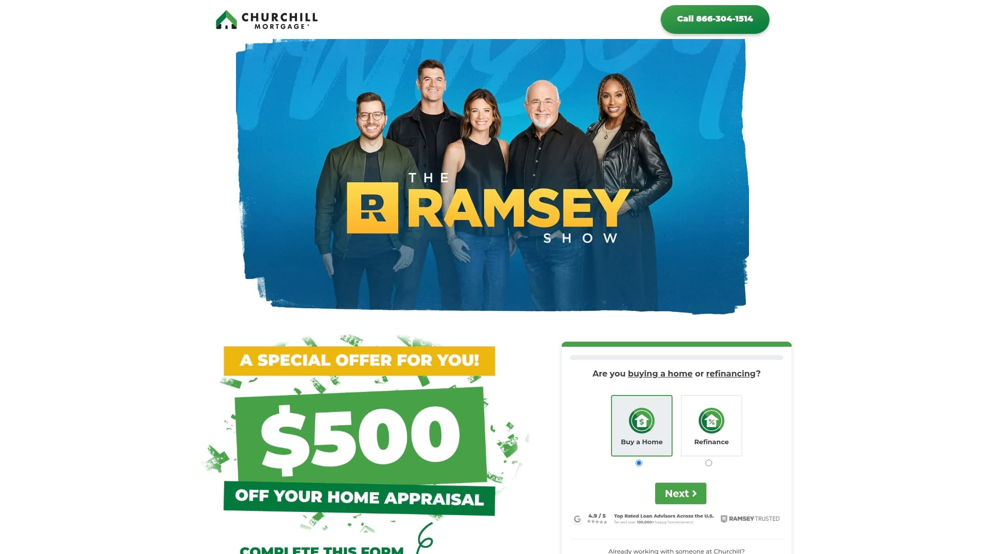 Churchill Mortgage sponsor landing page advertised on The Ramsey Show