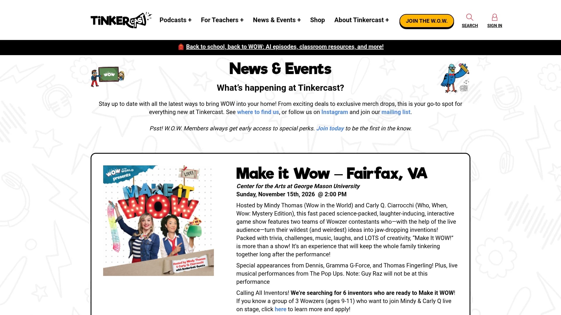 Tinkercast Events - Make It Wow Live sponsor landing page advertised on Wow in the World