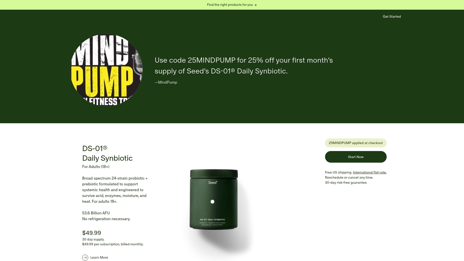 Seed sponsor landing page advertised on Mind Pump: Raw Fitness Truth