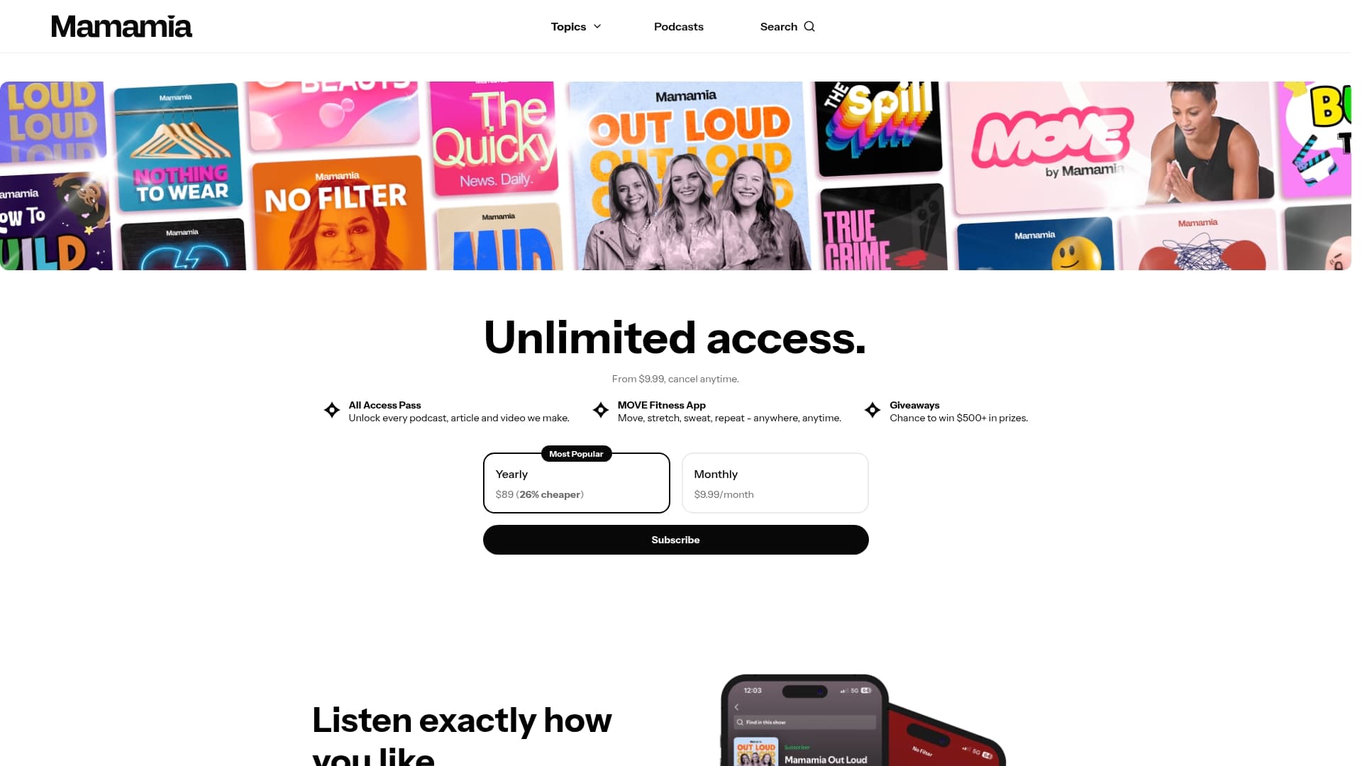 Mamma Mia sponsor landing page advertised on The Spill