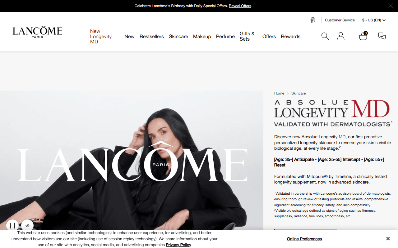 Lancome Absolue Longevity MD sponsor landing page advertised on Deadline: White House