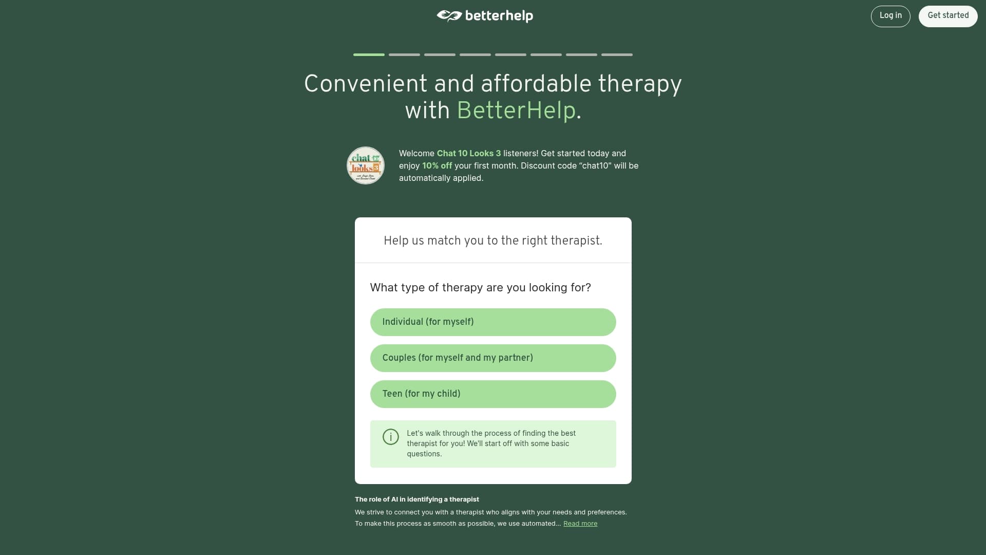 BetterHelp sponsor landing page advertised on Chat 10 Looks 3