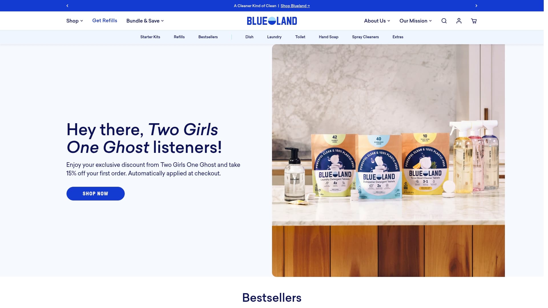 Blueland sponsor landing page advertised on Two Girls One Ghost