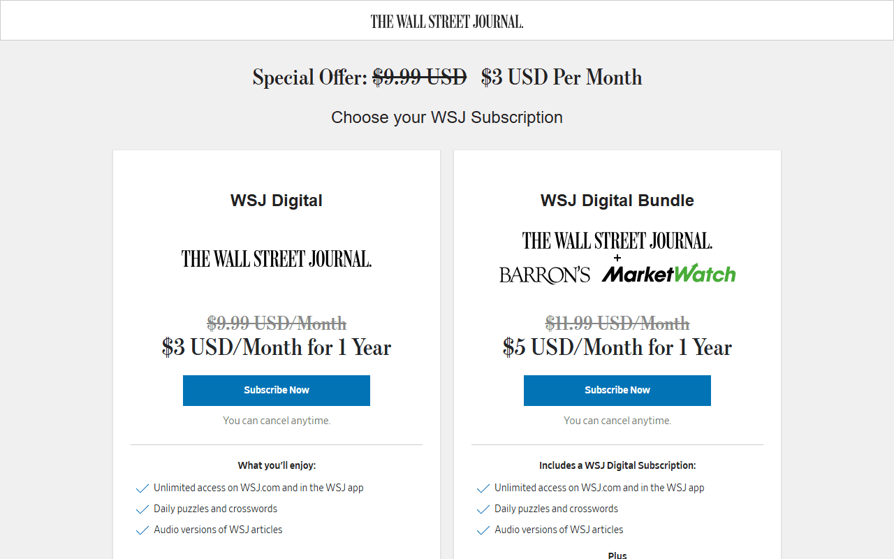 Wall Street Journal sponsor landing page advertised on WSJ What’s News