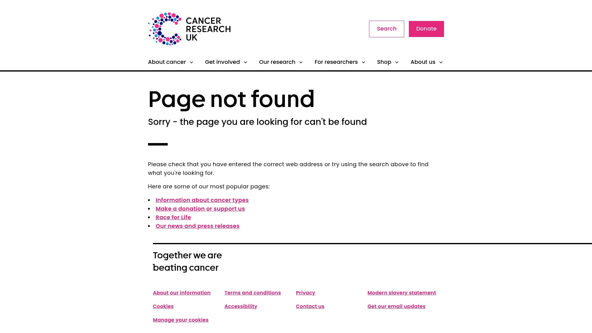 Cancer Research UK sponsor landing page advertised on Empire