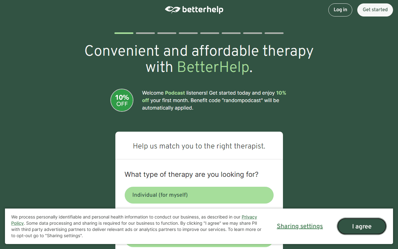 BetterHelp sponsor landing page advertised on Stories of our times