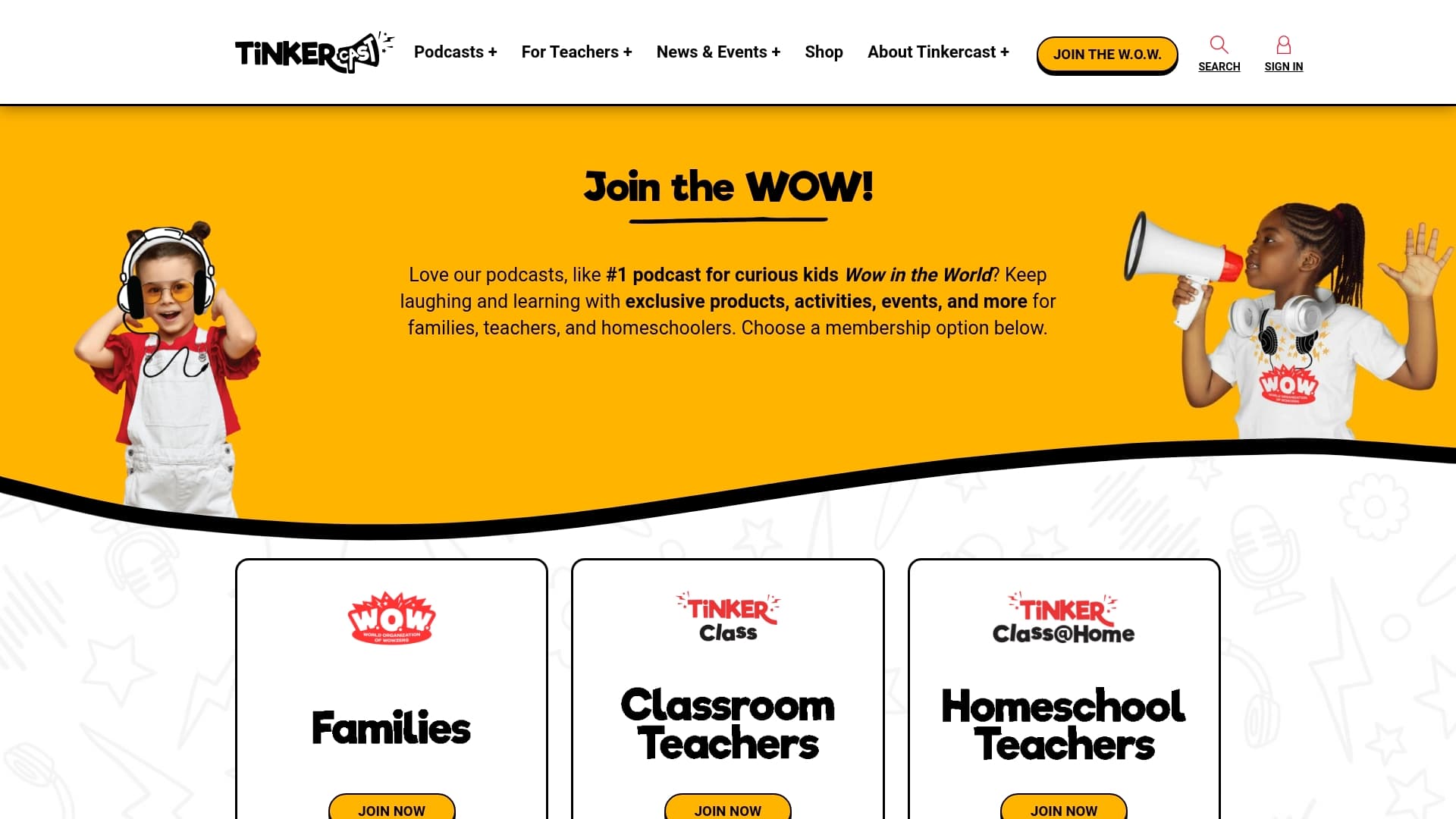 Tinkercast Membership (World Organization of Wowzers) sponsor landing page advertised on Wow in the World
