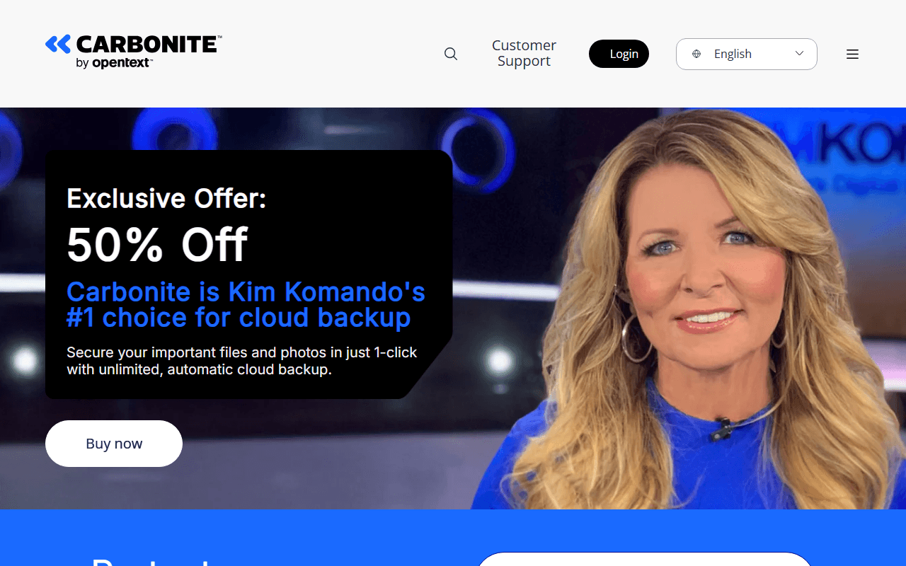 Carbonite sponsor landing page advertised on Kim Komando Daily Tech Update