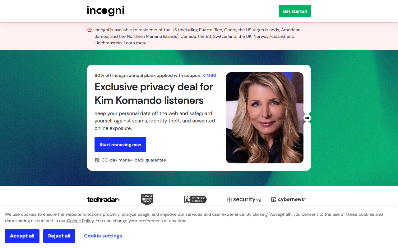 Incogni sponsor landing page advertised on Kim Komando Daily Tech Update