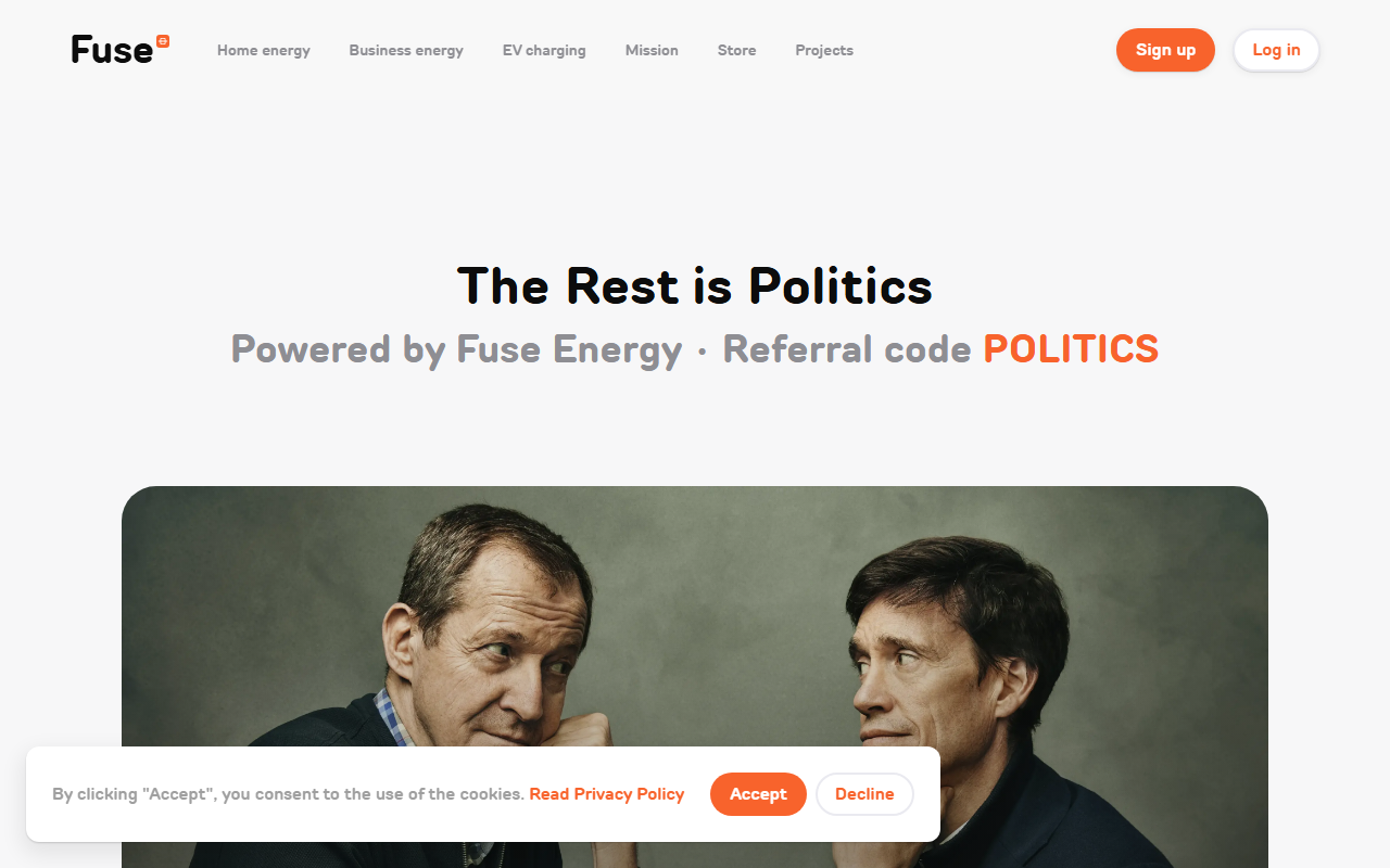Fuse Energy sponsor landing page advertised on The Rest Is Politics