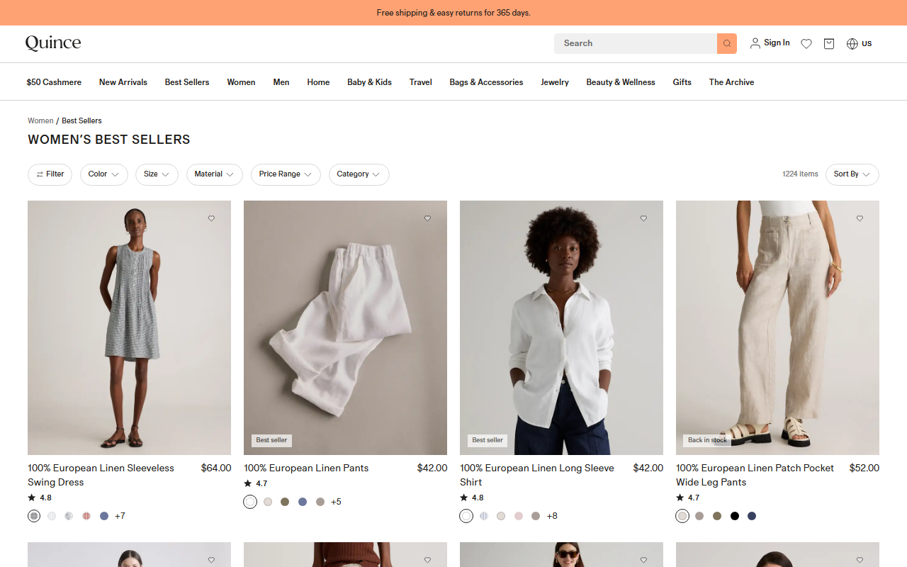 Quince sponsor landing page advertised on Wiser Than Me with Julia Louis-Dreyfus