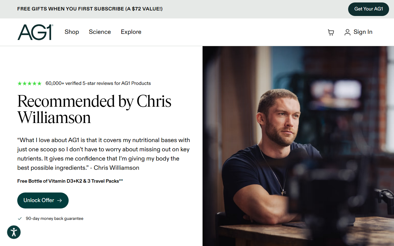 AG1 sponsor landing page advertised on Modern Wisdom