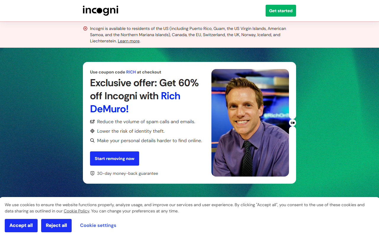 Incogni sponsor landing page advertised on Rich On Tech