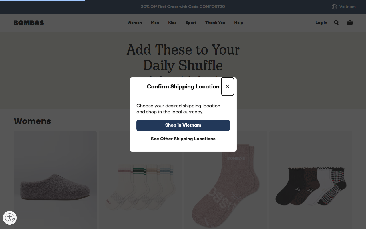 Bombas sponsor landing page advertised on Pod Save America