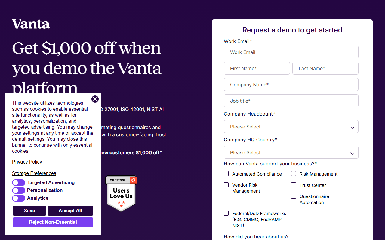 Vanta sponsor landing page advertised on Smashing Security