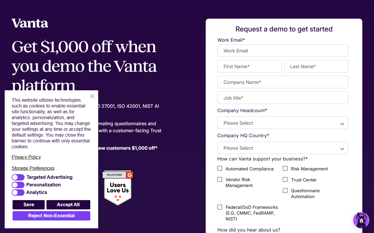 Vanta sponsor landing page advertised on Smashing Security