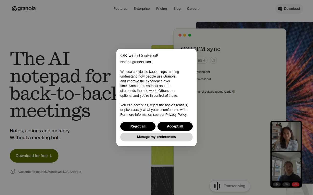 Granola sponsor landing page advertised on The Vergecast