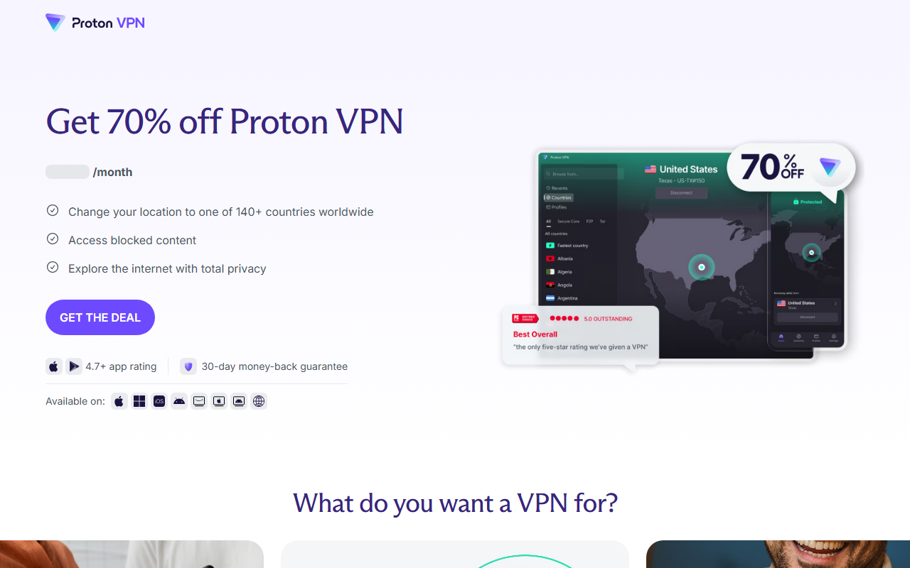 ProtonVPN sponsor landing page advertised on The Vergecast
