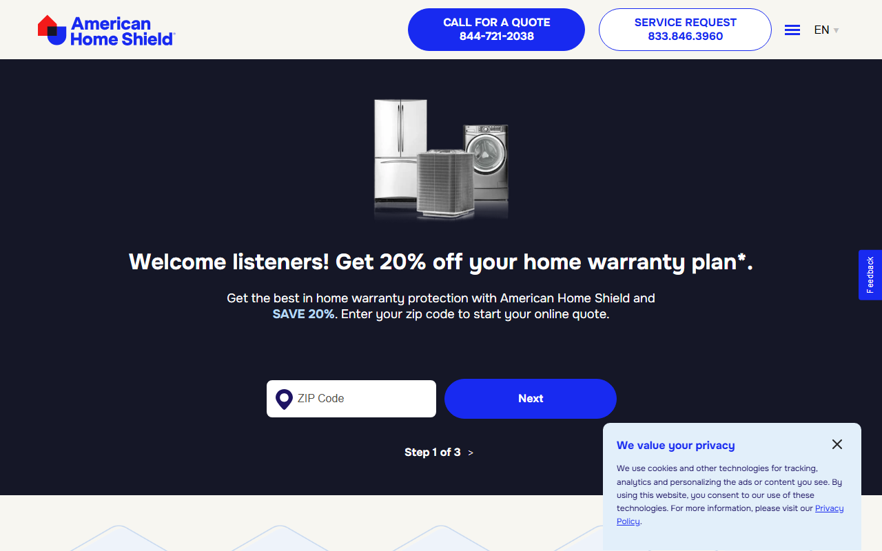 American Home Shield sponsor landing page advertised on Stuff You Should Know