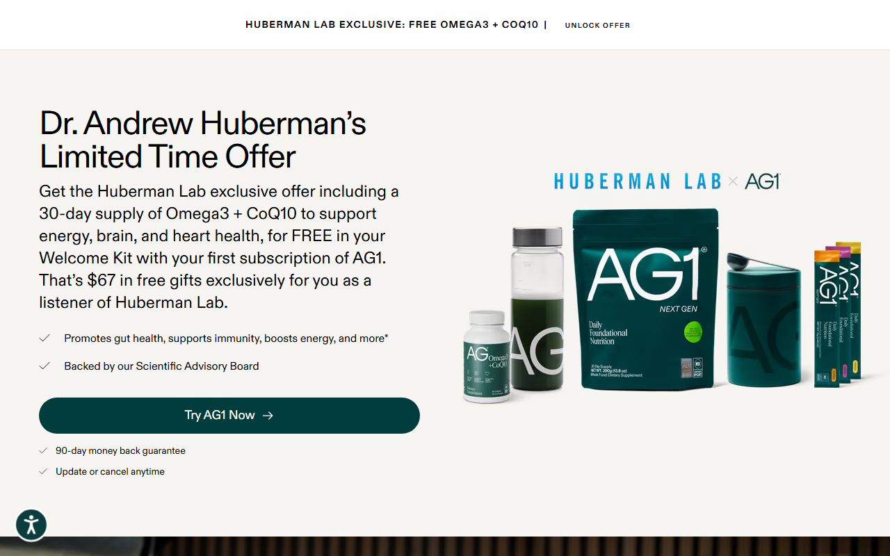AG1 sponsor landing page advertised on Huberman Lab