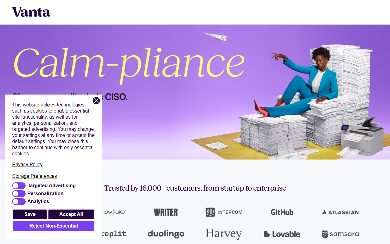 Vanta sponsor landing page advertised on Terms of Service with Clare Duffy