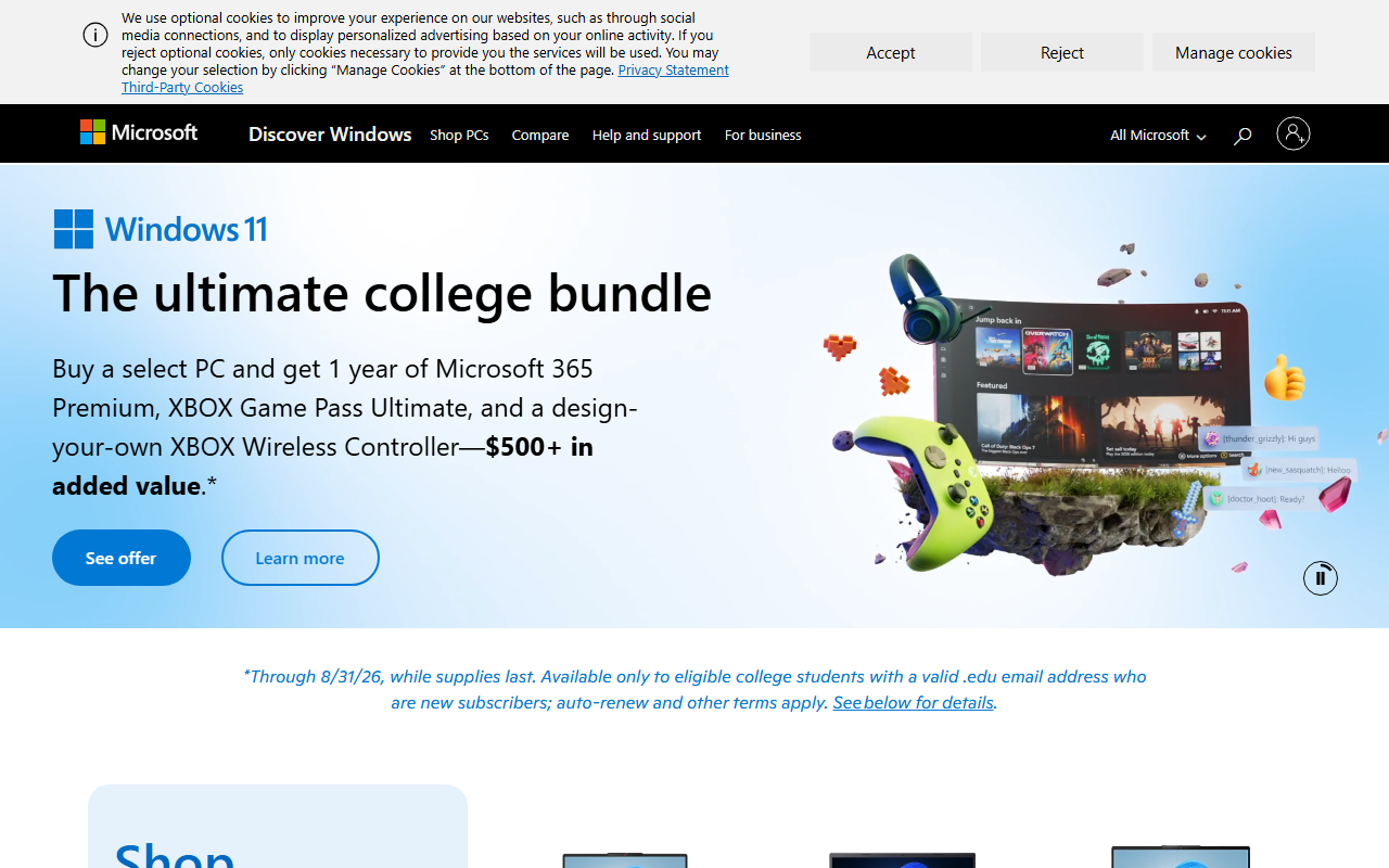 Windows sponsor landing page advertised on Terms of Service with Clare Duffy