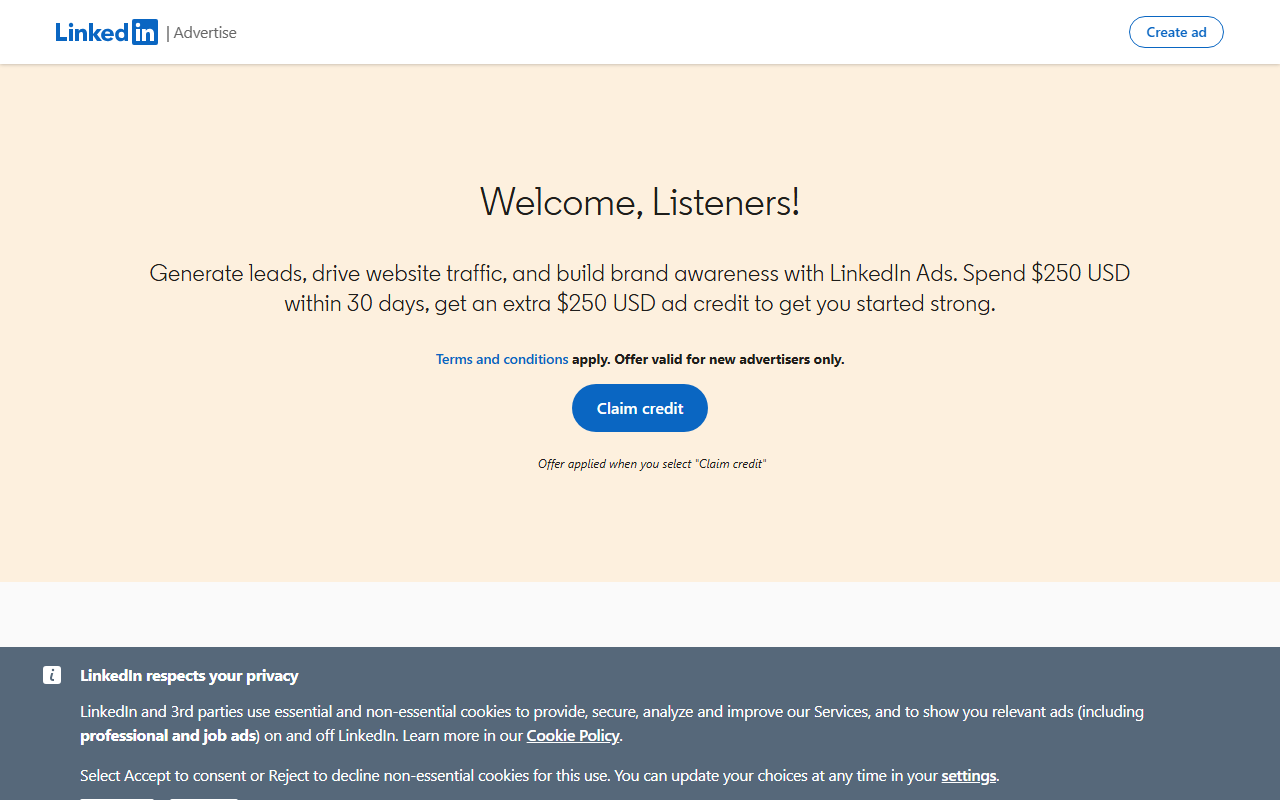LinkedIn sponsor landing page advertised on 99% Invisible