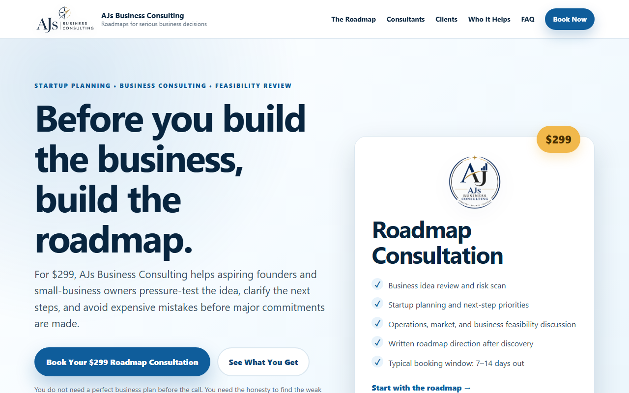 AJ's Business Consulting sponsor landing page advertised on Hidden Brain