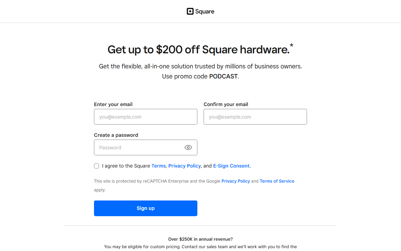 Square sponsor landing page advertised on The 10X Capital Podcast