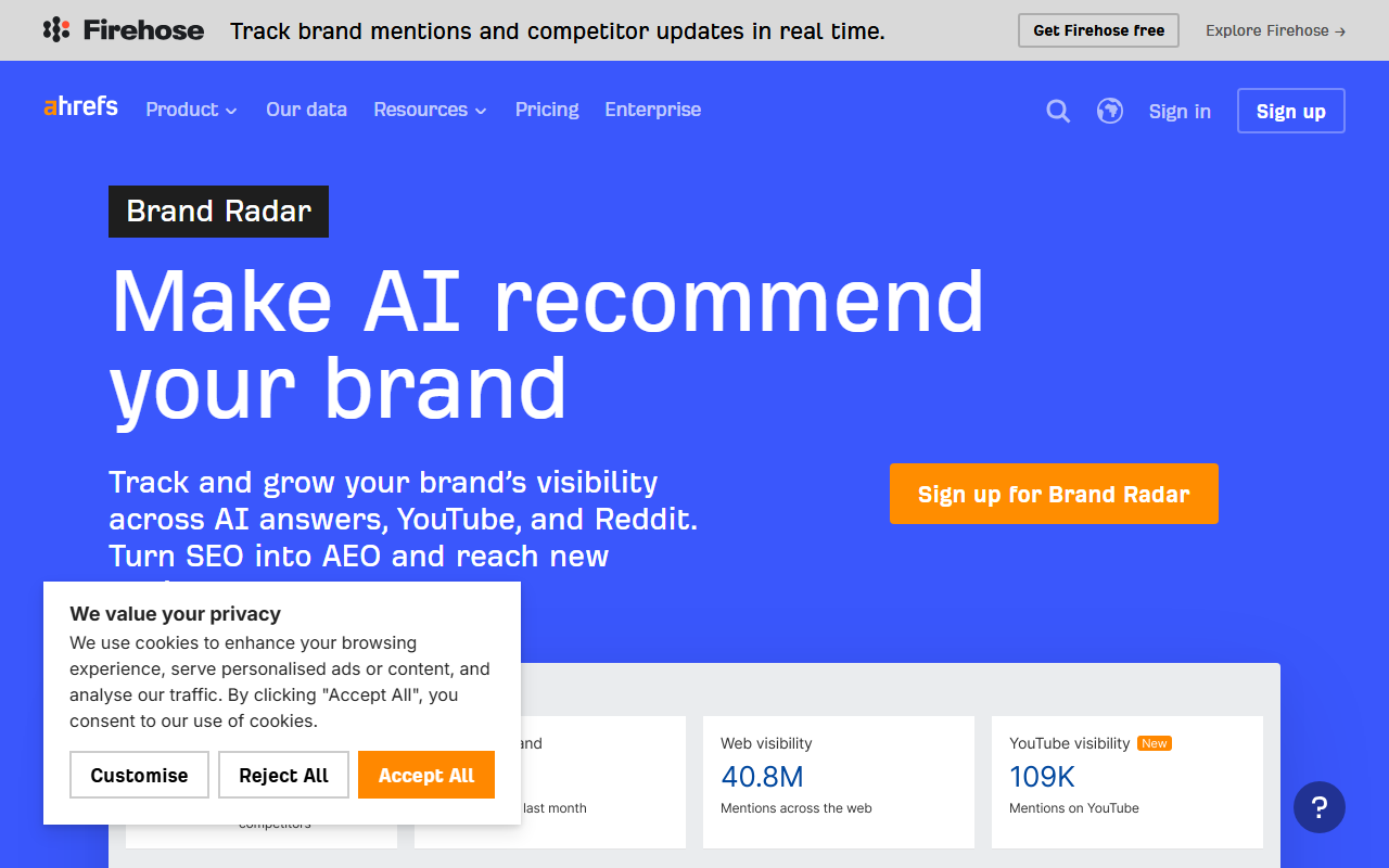 Ahrefs Brand Radar sponsor landing page advertised on The Generalist
