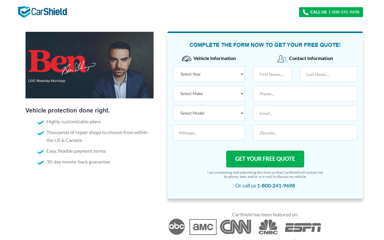 CarShield sponsor landing page advertised on The Ben Shapiro Show