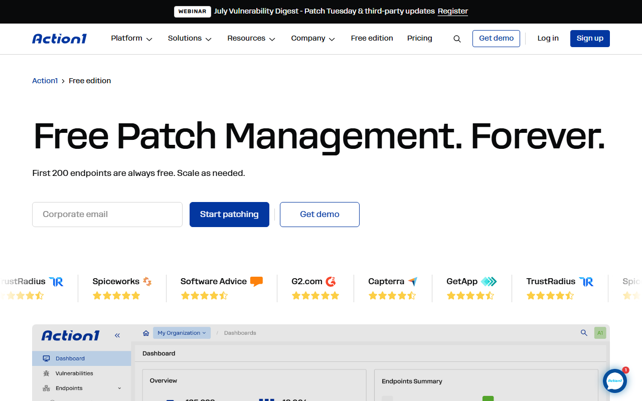 Action1 sponsor landing page advertised on TechStuff