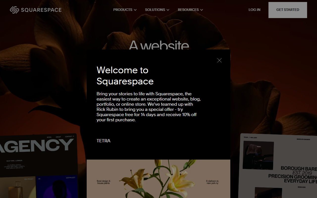 Squarespace sponsor landing page advertised on Tetragrammaton with Rick Rubin