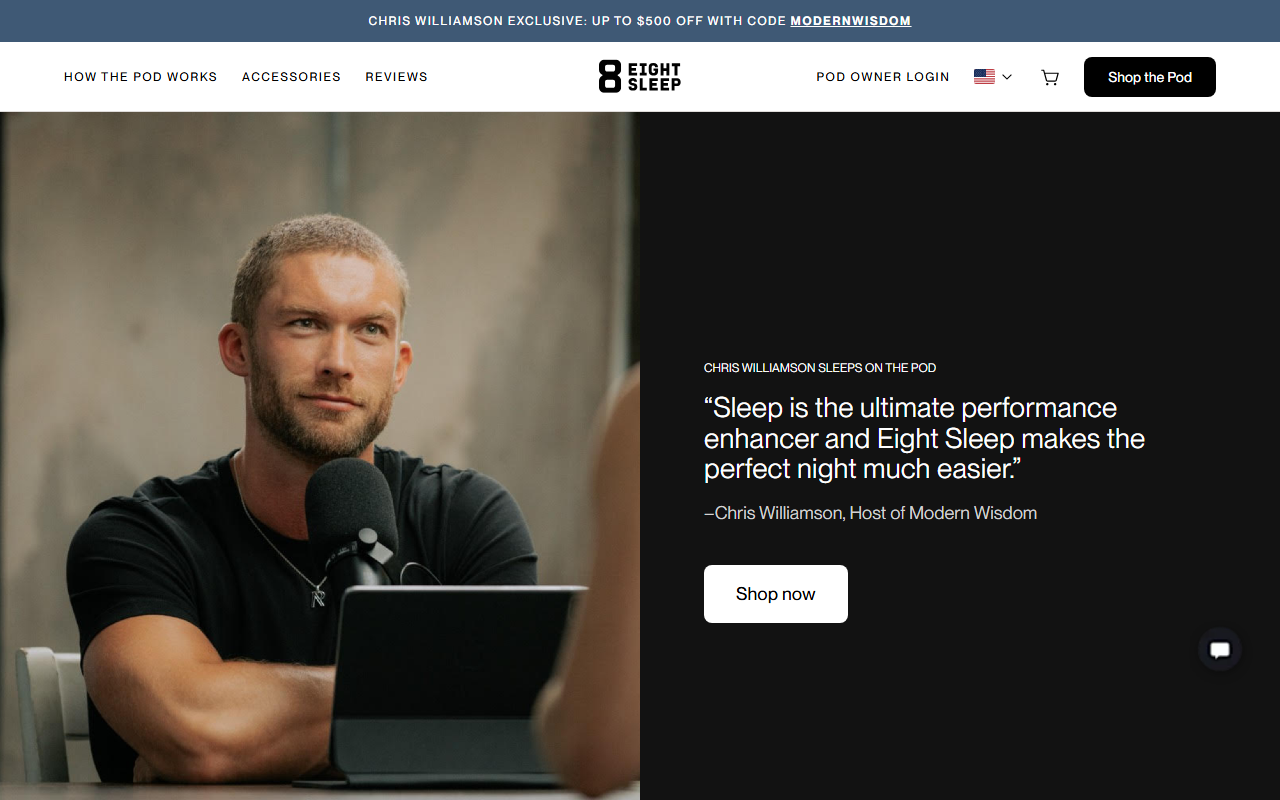 Eight Sleep sponsor landing page advertised on Modern Wisdom