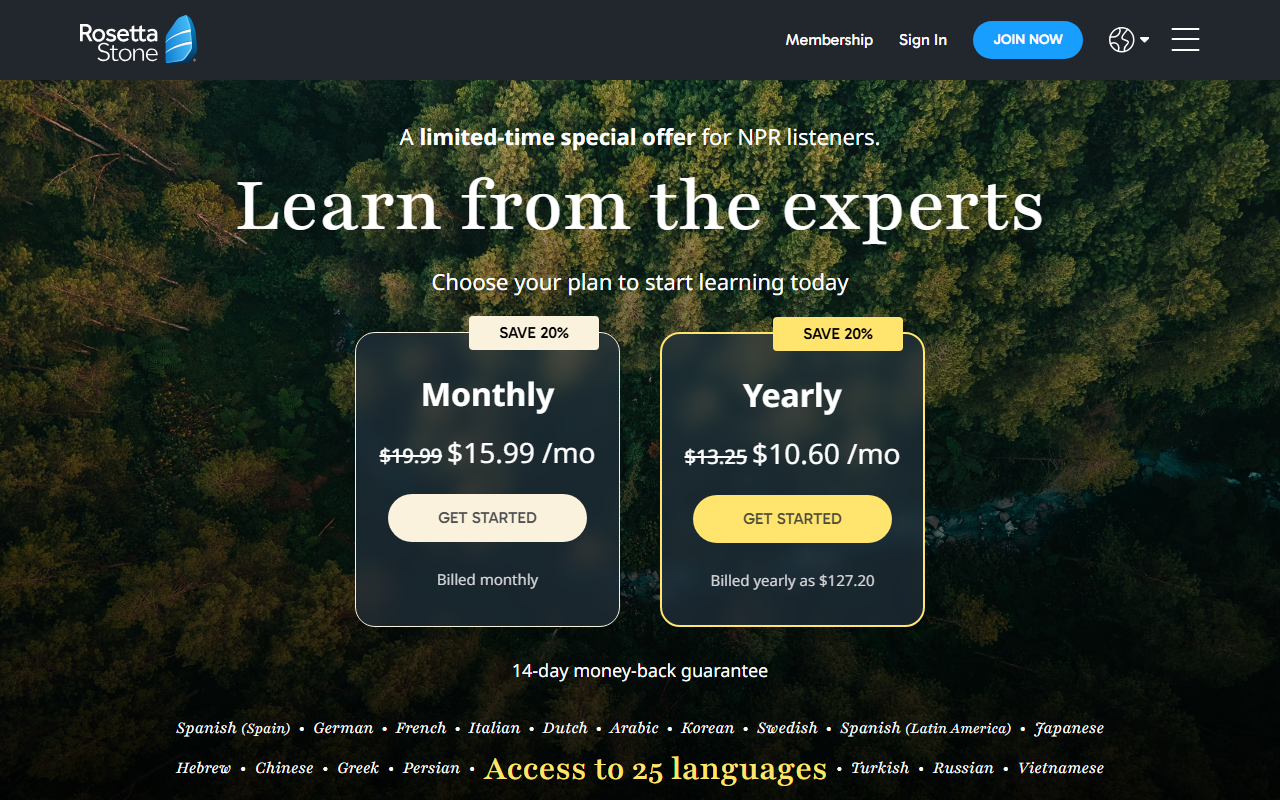 Rosetta Stone sponsor landing page advertised on Pop Culture Happy Hour